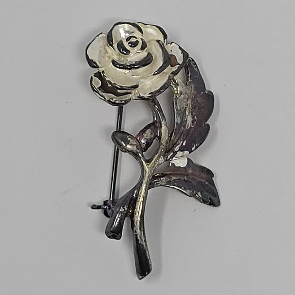 Vintage Shabby Chic White Rose Brooch Silver Tone Floral Costume Jewelry Pin - Picture 2 of 11